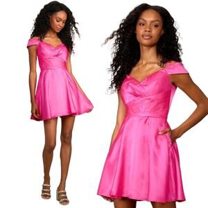 Lulus Fit & Flare Mini Dress Off Shoulder Sweetheart Satin Hot Pink NEW Womens S